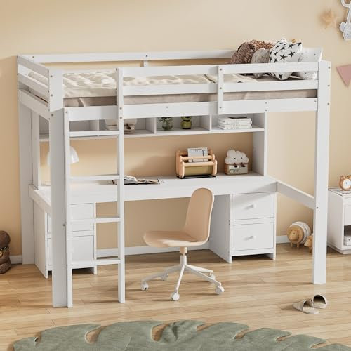 MQLAE Hochbett 90x200 cm mit Ablagefächern und einem integrierten Schreibtisch, Kinderbett Bett mit Lattenrost und Großer Stauraum, Stabile Treppe, Hohes Geländer, Rausfallschutz, Weiß