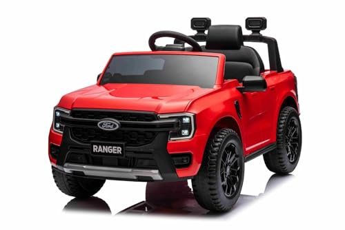 Coche eléctrico para niños 12V Ford Ranger, Rojo, Asiento de Piel, Mando 2.4 GHz, Entrada Bluetooth/USB, 2 Motores X 30W, Licencia Original