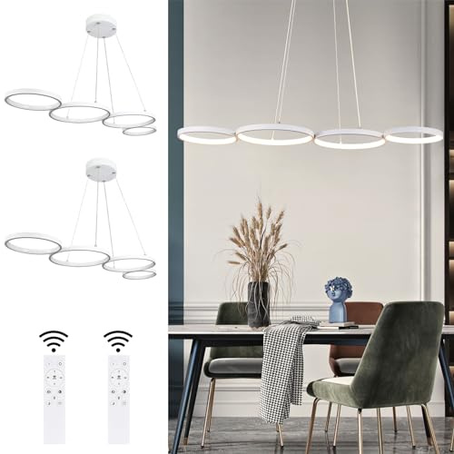 GBLY 2× LED Pendelleuchte Esstisch Hängelampe: 88CM Weiß Hängend Lampe Modern 4 Ring Hängeleuchte Design Esszimmerlampe Dimmbar Esstischlampe mit Fernbedienung Pendellampe für Wohnzimmer Schlafzimmer