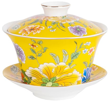 NIUKOMY Goße Chinesische Porzellan Gaiwan Teetasse 400ML, Gelbe | Traditionelle Kung Fu Sancai Keramik Teebecher Teeschale mit Untertasse und Deckel, für Losen Tee, Teeliebhaber Teekunst