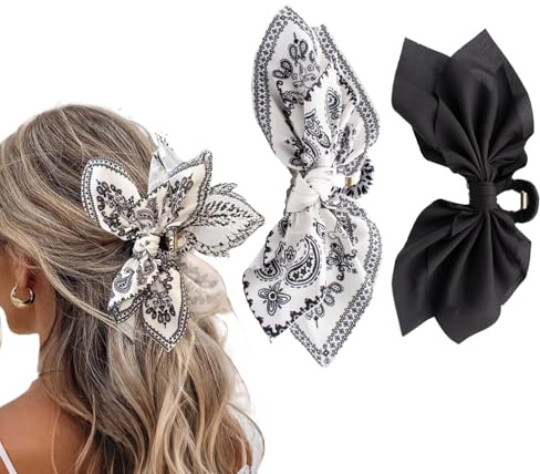 Hadutrek Bow Claw Clips Bow Hair Clips Black White Paisley 2PCS Big Hair Bows for Women Butterfly Styling Large Hair Clips for Thick Hair for Girls Hair Accessories for Teen Gifts for Ladies