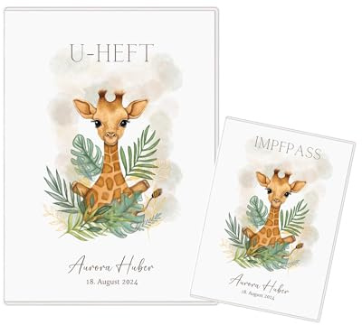 Personalisierte U-Heft- und Impfpass Hülle Dschungel Tiere – Bunte Untersuchungsheft Hülle für Babys – Babyunterlagen mit niedlichen Tiermotiven – Geschenk zur Geburt (Giraffe)