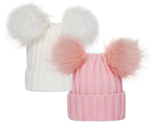 TYXHXTF 2 Pcs Sombrero de Invierno para Bebé, Gorro de Punto con Pompon para 0-3 Años Niño Niña (Blanco+Rosa)