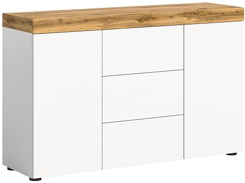 xonox.home - Sideboard Sugar 125x80x37 cm in weiß Melamin Absetzung Wotan Eiche Melamin - Kommode Schrank Stauraumschrank - modern, geräumig und funktional
