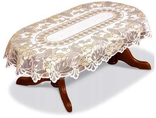 Home Dekorator Tischdeckchen aus Spitzenstoff 130x180cm | Tischdecke Spitze Vintage in Cremefarben mit Goldmuster | Frühlingstischdecke für Esszimmer und Wohnzimmer | Tischtuch Oval