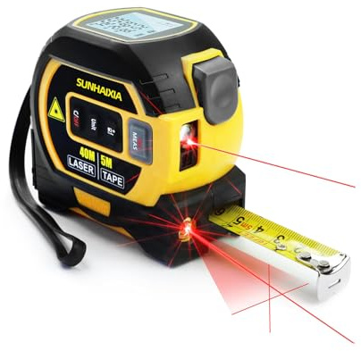 Fitdays 4-in-1 Laser-Entfernungsmesser 40 m mit Großem LCD-Display | Digitales Laser- Messgerät in/ft/m Berechnungen | Maßband 5M | Kreuzlaser für Waagerechte/Senkerechte | (Gelb-HS)