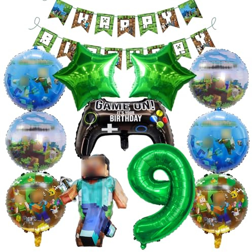 Luftballon Deko für Jungen Gamer Party, 9 Jahre Kinder geburtstag Luftballon deko, Enthält banner, Charakter ballons, Runde Folienballons, Pentagramm ballons, Zahlenballons, Game Controller ballon