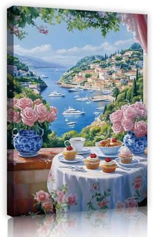 SHENGPOSTER élégance moderne impression murale bateaux et maisons le long la côte peinture sur toile roses pâtisserie thé l’après-midi affiche décor mural 40x60cm cadre intérieur