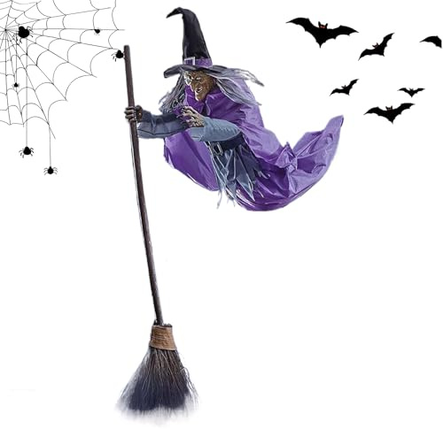 SVCEQZE Bruja de Halloween voladora sobre escoba, 170 cm, bruja voladora, bruja flotante en escoba, decoración de bruja de Halloween, con ojos brillantes y sonidos espeluznantes, para fiestas, casa