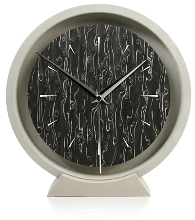 Runde Tischuhr aus Beton im Industrial Design – leise Standuhr ohne Ticken in minimalistischem Design mit exklusivem Echtholzdekor – Maße ca.: 22x23cm (Maserbirke dunkel, leises Funkuhrwerk)