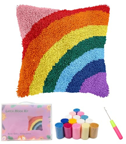Kaseremy Latch Hook Cushion Kits for Adults Beginners, Rainbow Cushion Covers for Crafting, Crochet Craft Kits DIY Cute Colorful Pillow Case Sofa Home Decor Gift for Women