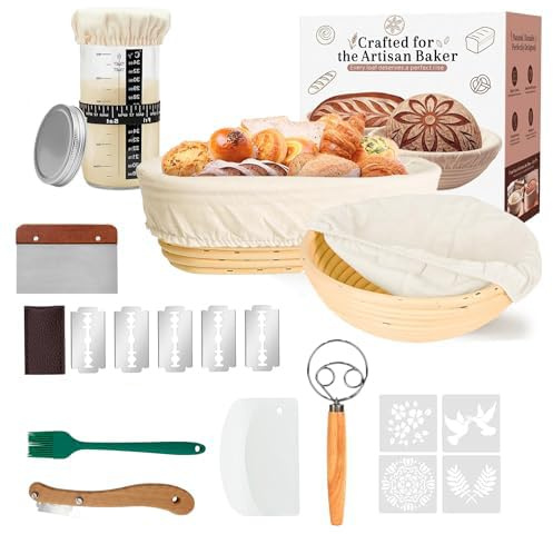 KOMTWNM Sauerteig Set mit 2 Gärkörbchen Rund & Oval, 10-Teiliges Brotbackset aus Rattan, Sauerteig Starter Set mit Gärglas Teigschaber Brotmesser, Brotbacken Zubehör