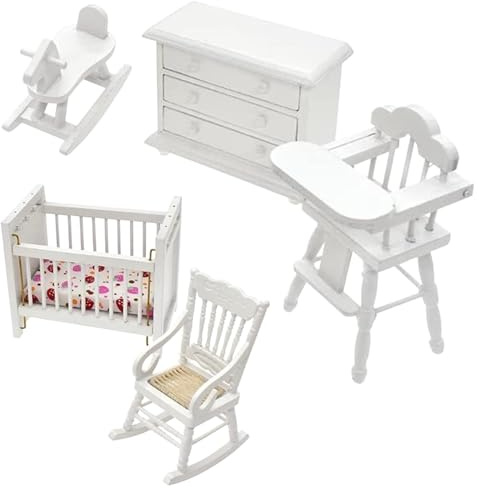 Meubles de Maison de poupée 1 12 échelle, Ensemble Meubles Maison poupée en Bois 5 pièces, bébé sûre, Mini Chambre, Berceau, bébé