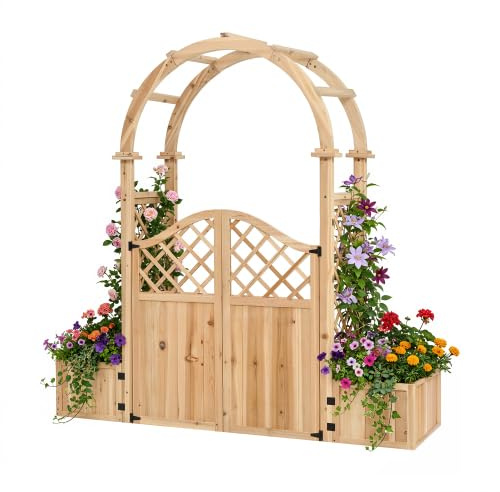 Rosenbogen Gartenbogen aus Tannenholz, Rankhilfe für Kletterpflanzen mit Pflanzkübel und Tor, für Garten Hof Terrasse, Natur