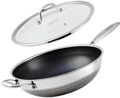 Garvee Wokpfanne Induktion 30 cm, Wok Induktion Edelstahlpfanne, Wabenpfanne Wabenstruktur Antihaft Kratzfest, Wok Pfanne für alle Herdarten, Ofen-und Spülmaschinenfest, für 2–4 Personen