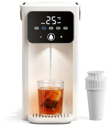 KOMORE 3L Instant Hot Water Dispenser, 16 Adjustable Temperature Settings (25°C-100°C) & 3 Volume Options (250ml-500ml), One Cup Kettle with Filter, LED Touch Display & Cleaning Program, Safety Lock