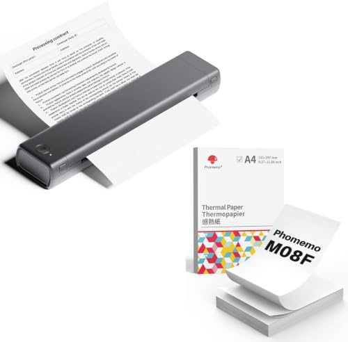 Phomemo M08F A4 Tragbarer Drucker Grau mit 200 Blatt Gefaltetem A4 Thermopapier, kabelloser Bluetooth Mobildrucker für Reisen, Auto, Büro und Zuhause