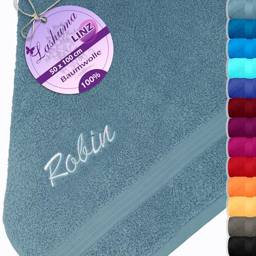 Lashuma Handtuch mit Namen Bestickt, Linz Frotteetuch Tauben - Blau 50x100 cm