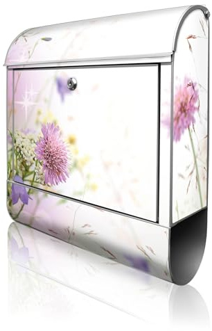 banjado Design Briefkasten personalisiert 38,5x46,5x13cm & 2 Schlüssel - Briefkasten Stahl Weiß Zeitungsfach pulverbeschichtet - Postkasten A4 Einwurf inkl. Montagematerial - Motiv Glitzernde Wiese