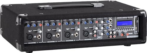 Pronomic PM42U MKII MP3 Mezclador Potenciado 4 Canales con Amplificador y Reproductor MP3 USB/SD, 2x100W, Entrada Mic/Line/Instrumento, Ecualizador Gráfico 3 Bandas.