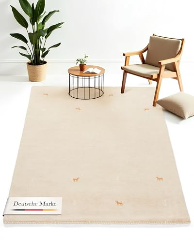 carpetfine Wollteppich Gabbeh Uni Beige 300x400 cm | Moderner Teppich für Wohn- und Schlafzimmer