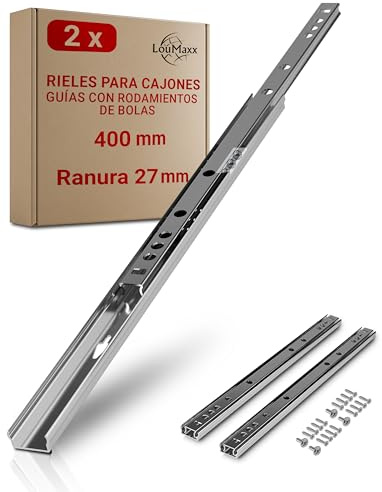 LouMaxx Guías Para Cajones | Juego de 2 Guías Para Puertas Correderas, Ranura de 27 mm | Rieles Para Cajones de 400 mm | Sistema de Correderas Para Cajones Extensión Parcial.