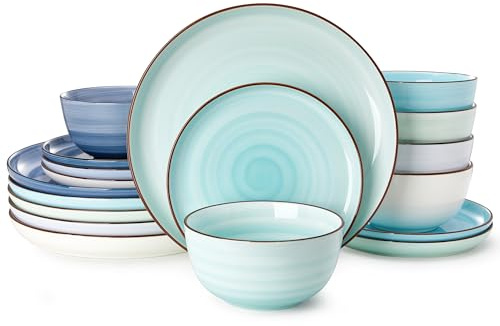 Sweese Plates and Bowls Sets, 18 Piece Dinnerware Set Porcelain Round Dinner Set for 6, Scratch Resistant Dishes Set, Dishwasher and Oven Microwave Safe Handpainted Swirl Dishware Sets, Assorted Blue