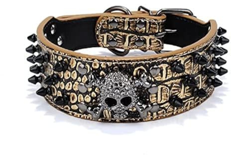 Haoyueer Hundehalsband aus Kunstleder mit Nieten, 5,1 cm breit, stilvolle Lederhalsbänder für mittelgroße und große Hunde, Pitbull, Labrador, Boxer, Rottweiler, Deutscher Schäferhund … (S, Gold-3)