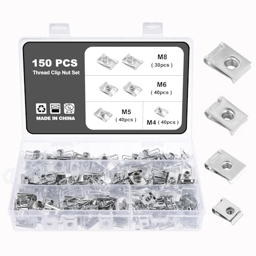 Knpwer 150 Stück Gewinde Clip Mutter Set,U-Typ Blechmuttern,M4 M5 M6 M8 Blechmutter,U-Typ Metall Clipmuttern für Auto