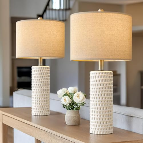 PORTRES 24 Farmhouse Ceramic Table Lamp Set of 2 for Bedroom Living Room White Desk Decor Bedside Lamps for Study Room Office Dorm Modern Accent Nightstand Lamp End Table Lamps