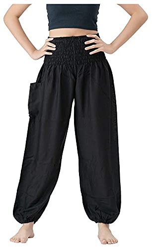 IQYU Harembyxor för kvinnor, ballongbyxor, enfärgade, eleganta yogabyxor, långa fritidsbyxor, säckiga sportbyxor, sommar, eleganta byxor med hög midja, dam, tygbyxor, sportbyxor, träningsbyxor, svart, M
