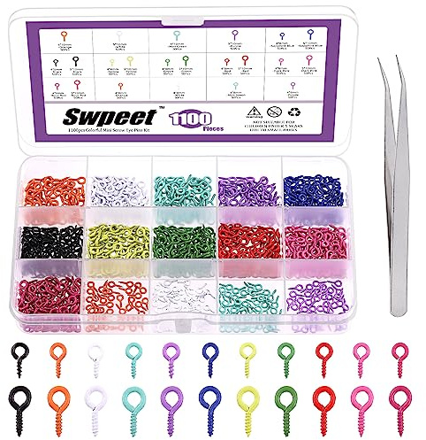 Swpeet Juego de 1100 pines de ojo de tornillo pequeños de 8 mm y 10 mm con pinzas, ganchos de ojal, ganchos de ojal, cierres de tornillo, tornillos de ojo para hacer joyas