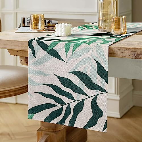 Tischläufer Blätter Grün Frühling Sommer Modern Polyester Leinen Tischläufer Grün Mintgrün Blätter Klein Table Runner für Urlaub Party Picknick Küche 40x140cm