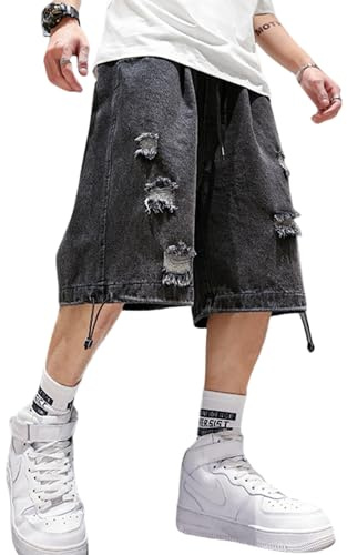 FCOOLYEET Pantalones Cortos de Mezclilla para Hombre, Y2k Baggy Star Jorts Jeans de Ajuste Holgado Patchwork Jeans Shorts Y2k Streetwear, Negro (C-Black), X-Large