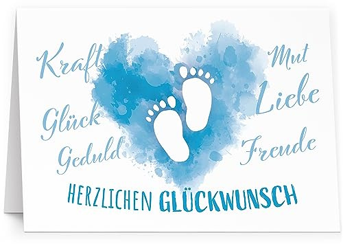 XXL Glückwunschkarte (A4) zur Geburt Junge Fußabdruck Blau - hochwertige Klappkarte | Große Karte Grußkarte Glückwunsch mit Umschlag Baby Eltern