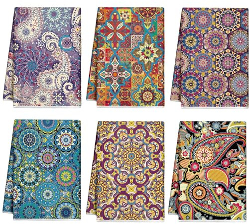 Redbaker 6 Pcs Floral Kitchen Towels Wildflower Print Dish Towels for Kitchen Absorbent Flower Butterfly Hand Decorative Set for Spring Holiday Bathroom Housewarming Gift(Stylish Color,Mandala)
