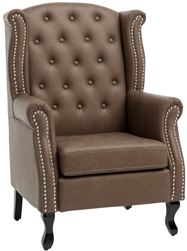 HOMCOM Wingback Armchair, PU Leather Fireside Chair, Button Tufted Accent Chair for Living Room, Bedroom, Home Office, Brown