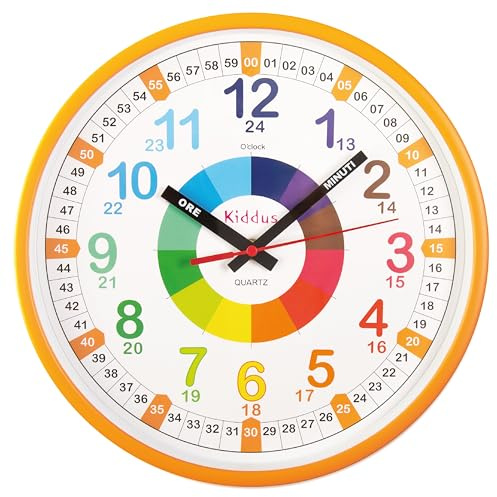Kiddus Reloj Pedagógico para Niñas y Niños. De Pared, Grande 30 cm. Analógico. Mecanismo Silencioso. Aprende la Hora. Sistema Time Teacher. Ejercicios Incluídos. Modelo: XL Orange IT