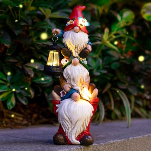 twinbling Statue de nain de jardin avec lampes solaires - Sculptures de jardin amusantes - Triple nain de jardin - Pour extérieur, terrasse, pelouse, cour, balcon, jardin, décoration d'intérieur
