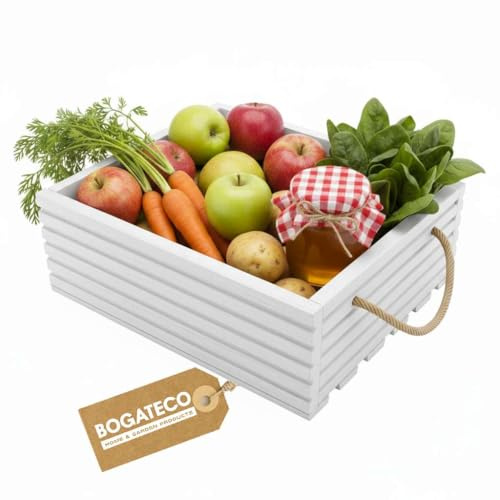 BOGATECO Holzkiste Natur | 40 cm x 35 cm x 14,5 cm | Holzbox | Deko Holzkisten | Obstkiste | Gemüsekiste | Holzkiste zur Aufbewahrung | Aufbewahrungsbox Kiste Holz Geschenk Deko Weinkiste | White