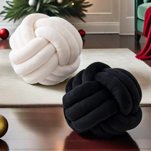FSRONGXI 2 almohadas de bola con nudo, bonito cojín de nudo estético, decoración de habitación, cojines de suelo para el hogar, dormitorio, sofá (blanco crema y negro, 20 cm)