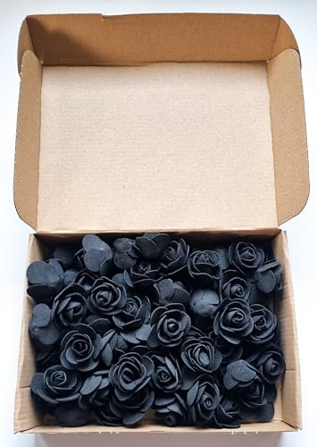 CaPiSo 72 Stück Künstliche Rosen-Box 3,5cm Blumenköpfe Mini Foamrosen Kunstrosen für Handwerk Brautstrauß Rosenstrauß Streublüten Streurosen Basteln in Aufbewahrungsbox (Schwarz)