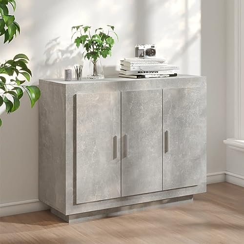 Homgoday Credenza Grigio Cemento 92x35x75 cm in Legno Multistrato, Armadio di Stoccaggio, Credenza Armadio da Cucina, Salvaspazio Mobiletto, per Soggiorno, Camera, Ufficio,Mobili Interni/Esterni