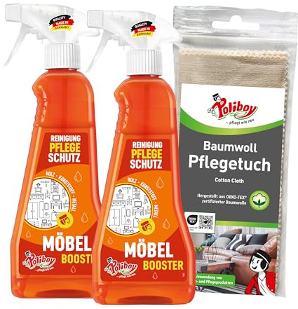 POLIBOY Möbler Booster – rengörande möbelvårdsprodukter – avlägsnar smuts som möbelrengörare och fräschar upp till -2 x 375 ml – med bomullshandduk – Tillverkad i Tyskland