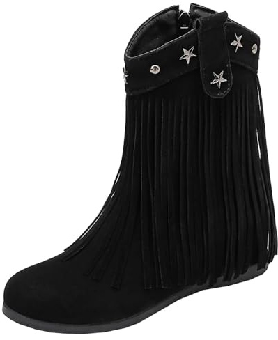 HSyc JRX Damen High Heels Keilabsatz Stiefeletten mit Fransen und Nieten Reißverschluss Stiefel Winter 41