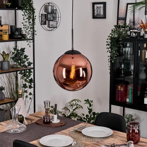 HOFSTEIN Hängeleuchte Gastor, 1-flammige Hängelampe aus Metall/Glas in Schwarz/Kupferfarben, Leuchte im Retro/Vintage-Design (Ø 30 cm), E27, Pendelleuchte max. 159 cm, Esszimmer, Wohnzimmer, Küche