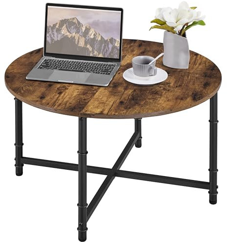 Yaheetech Couchtisch Runder Kaffeetisch Beistelltisch im Industriellen Stil Sofatisch mit Untergestell aus Metall & Tischplatte aus MDF Rustikal-Braun