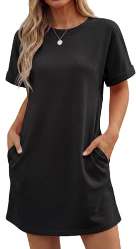 GRECERELLE Womens Summer Mini Dress Cap Sleeve Crew Neck T Shirt Short Casual Beach A Line Dresses with Pockets (Black, L)