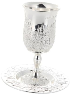 DimyFew Gobelet à Vin Gobelet avec Soucoupe Gobelet à Vin Gobelet En Relief Coupe de Kiddouch Gobelet pour Les Vacances D'anniversaire Pâque de Mariage, Argent