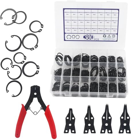 GIVIHGETI 381 Stück 4-in-1 Sprengringzange mit 4 mm bis 30 mm Legierung Stahl Außen Halterungsringe Internem und Externem Sprengring Sicherungsring Sortiment